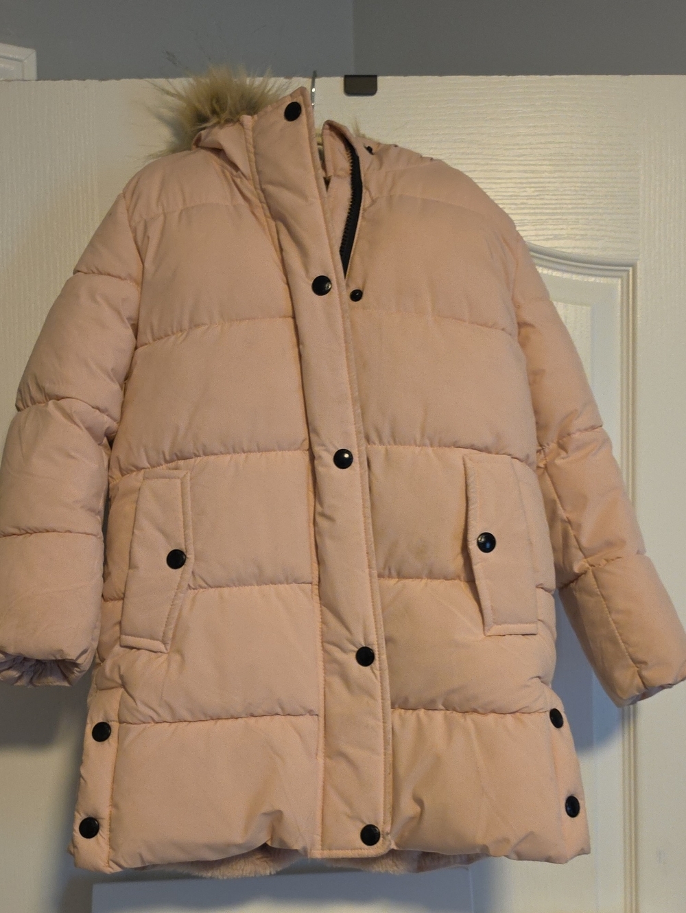 Sam Edelman Blush Long Puffer Coat with Hood and Faux-Fur Trim